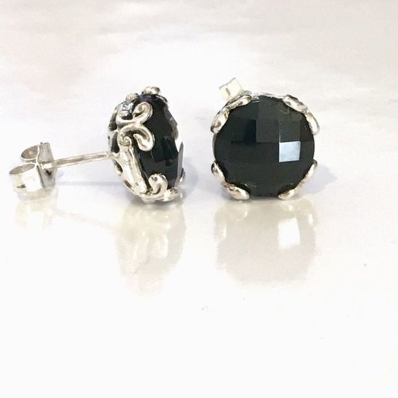 SAMUEL B. Sterling Silver 925 Round Cut Black Spinel Faceted Stud Earrings - Picture 10 of 10